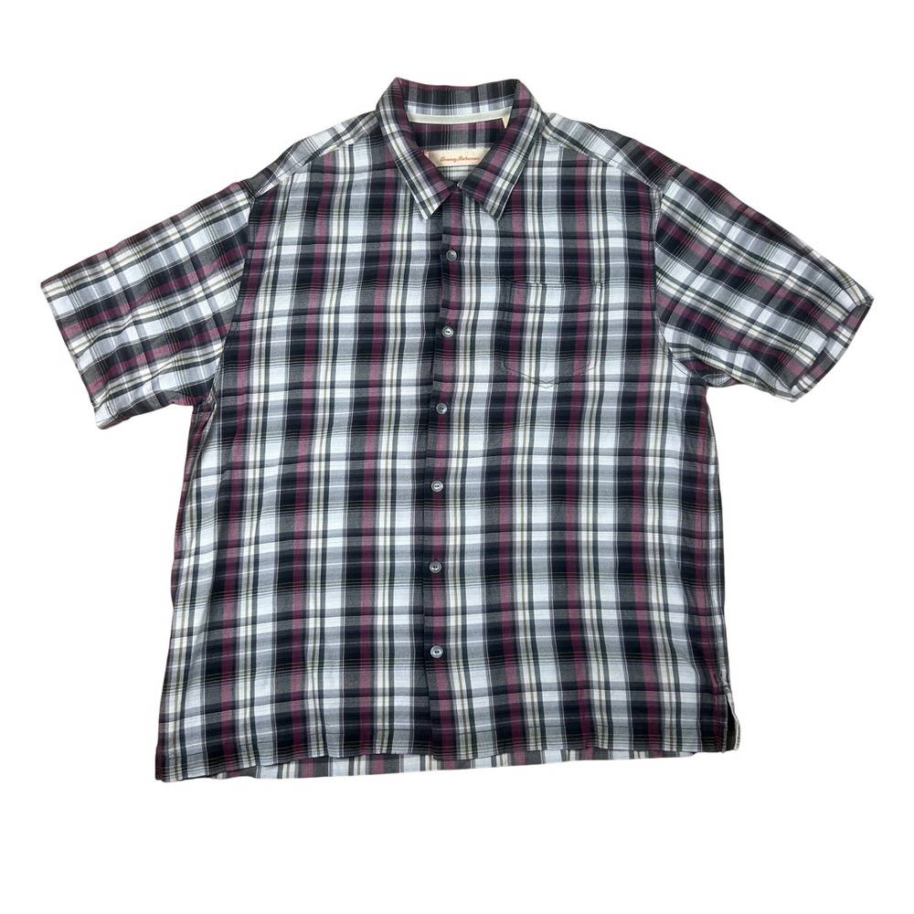 Tommy Bahama Mens XL Silk Plaid Short Sleeve Button Up‎ Shirt Black Burgundy